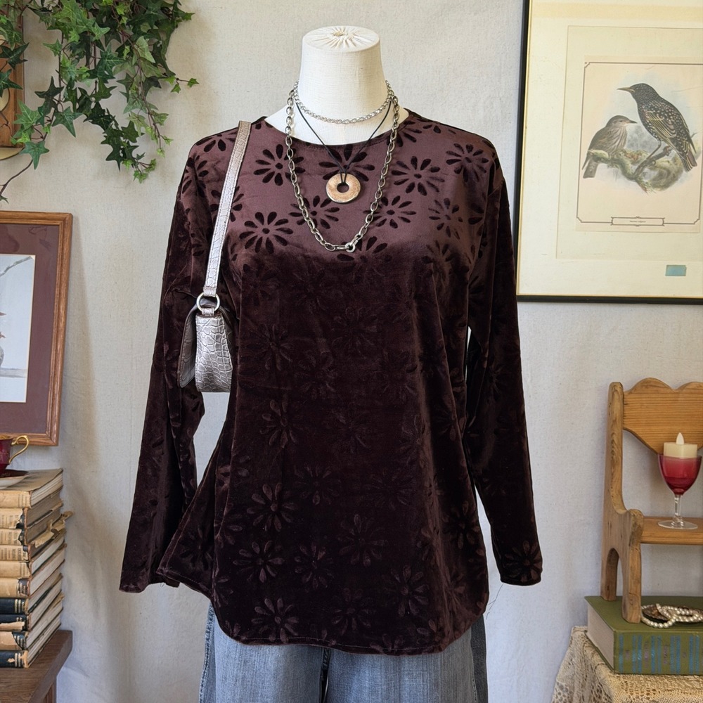 Brown Floral Burnout Velvet Long Sleeve Top Whimsigoth 90s Vintage Medium Indie